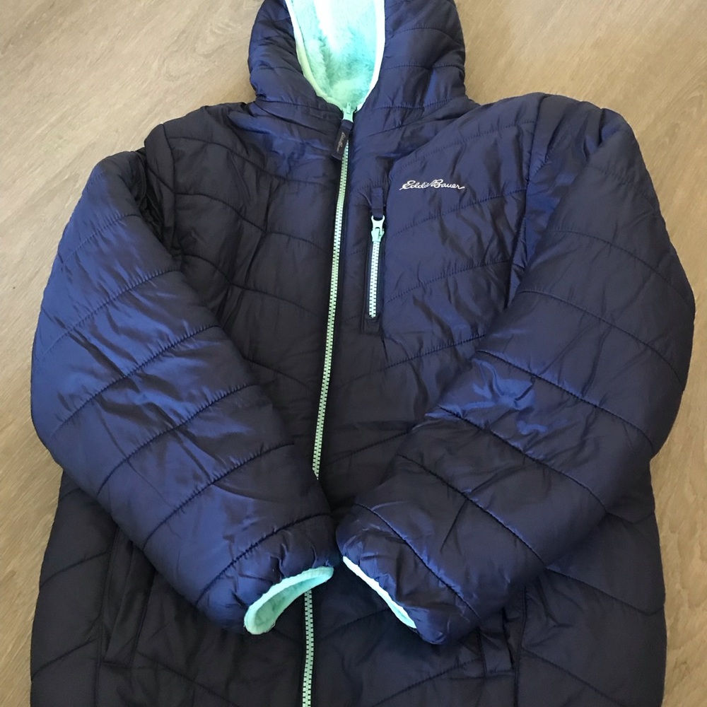 Eddie Bauer Kids Reversible Hooded Puffer Jacket - Blue/Teal - Size 14 (L)